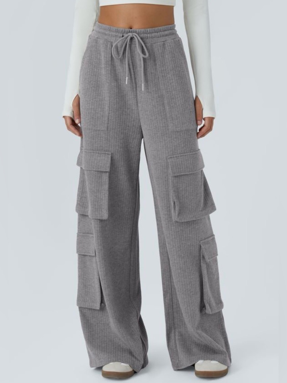 Halara NWT Ribbed Mid Rise Drawstring Pockets Wide Leg Cargo Casual Pants Large